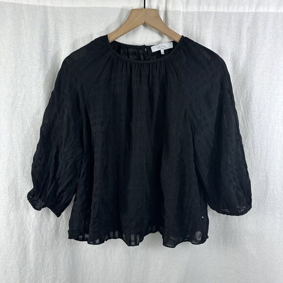 Pearl By Lela Rose Sheer Black Windowpane 3/4 Peasant Top Womens Size M - Picture 1 of 13